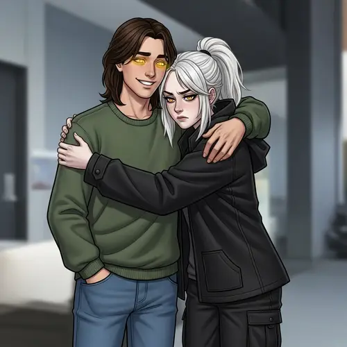 Cartoonish Illustration of a Smiling Man Hugging a Displeased Woman in Modern Room