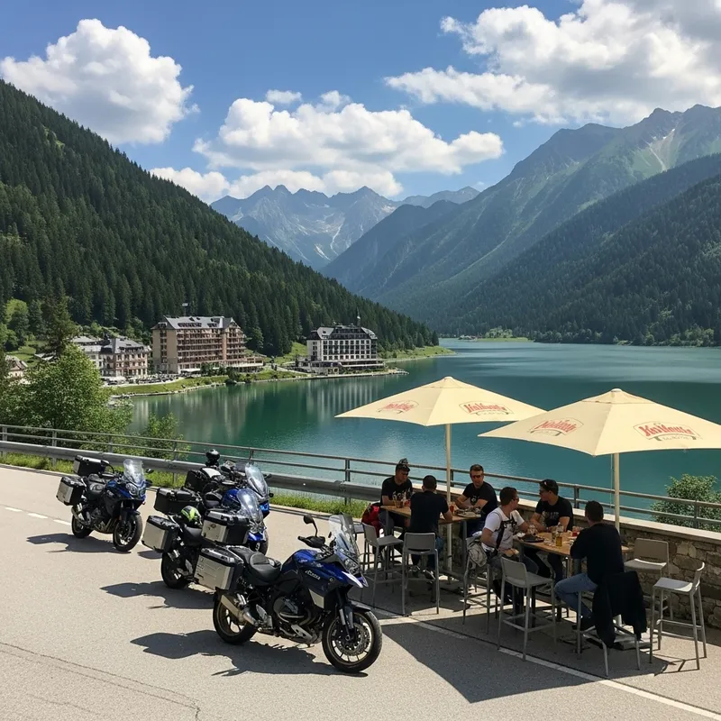 Motorcycle Riders Relaxing on Scenic European Mountain Roads
