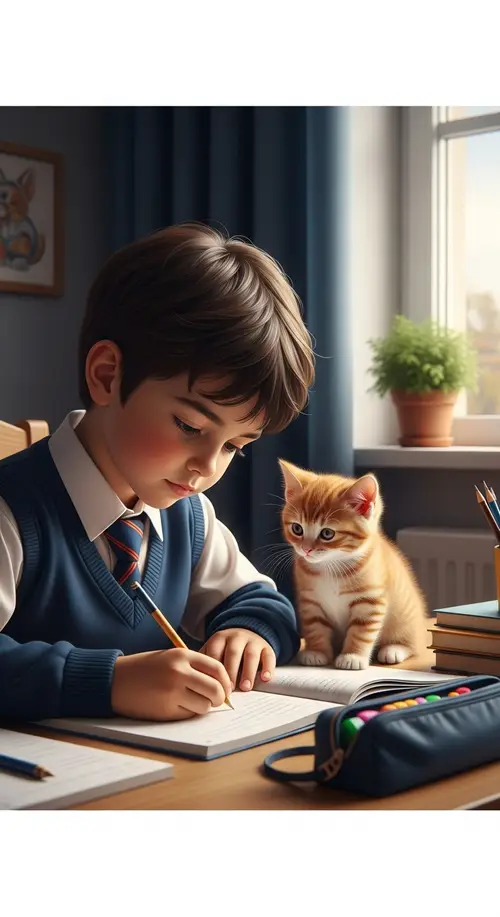 Realistic Homely Scene: Boy Studying with Ginger Kitten