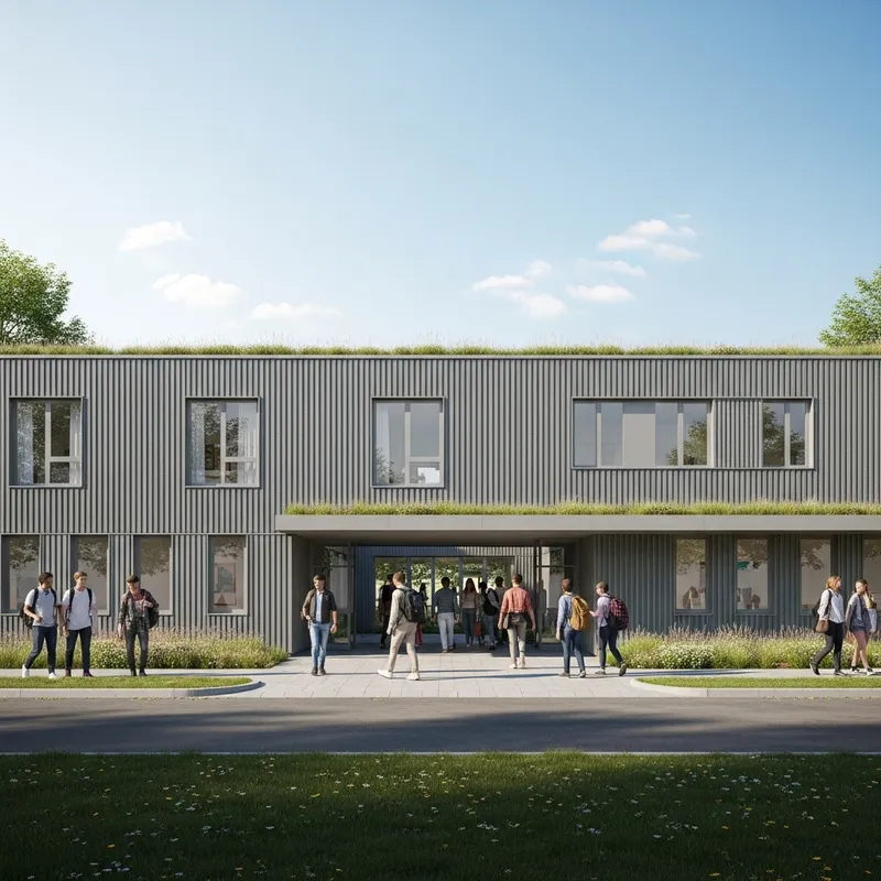 Modern Middle School Entrance | Students Arriving at Green Roof Porch