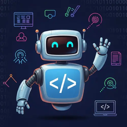 Friendly Coding Bot Helper with React Logo - Vibrant Digital Art