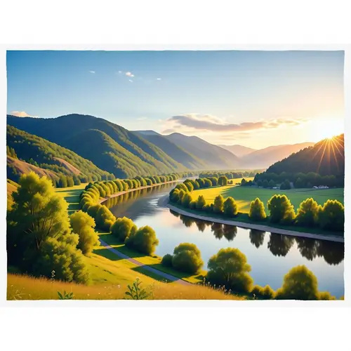 Serenity in Watercolor: Rolling Hills and Sparkling River