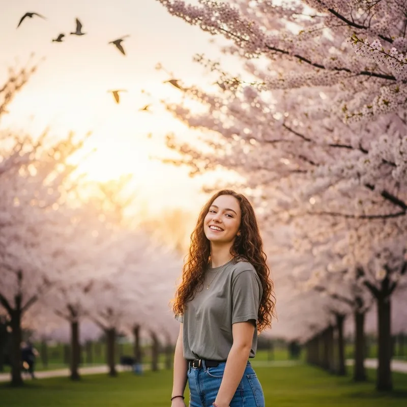 Beautiful 16-Year-Old Girl in a Cherry Blossom Park