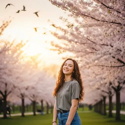 Beautiful 16-Year-Old Girl Smiling in Blossoming Cherry Tree Park