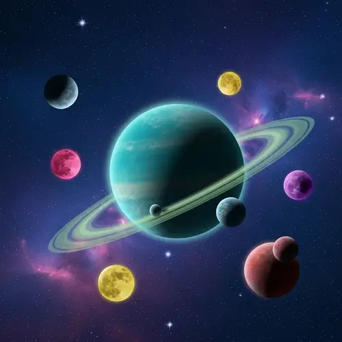 Celestial Scene with Colorful Planets and Moons