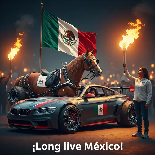 Sporty Formula 1 Horse with Mexico Flag and Blazing Torch