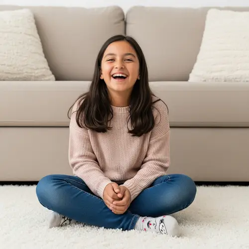 Joyful Laughter of 13-Year-Old Hispanic Girl on Fluffy White Carpet