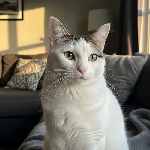 White Cat with Black & Grey Patches - Charming & Relaxed