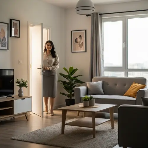 Sophisticated South Asian Woman Leaving Immaculate Apartment