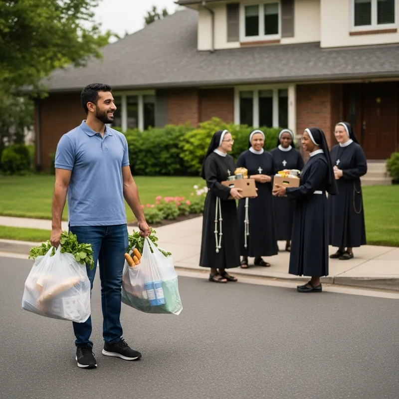 Community Service Volunteer Delivering Groceries to Nuns | Suburban Donation Scene