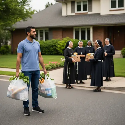 Community Service Volunteer Delivering Groceries to Nuns
