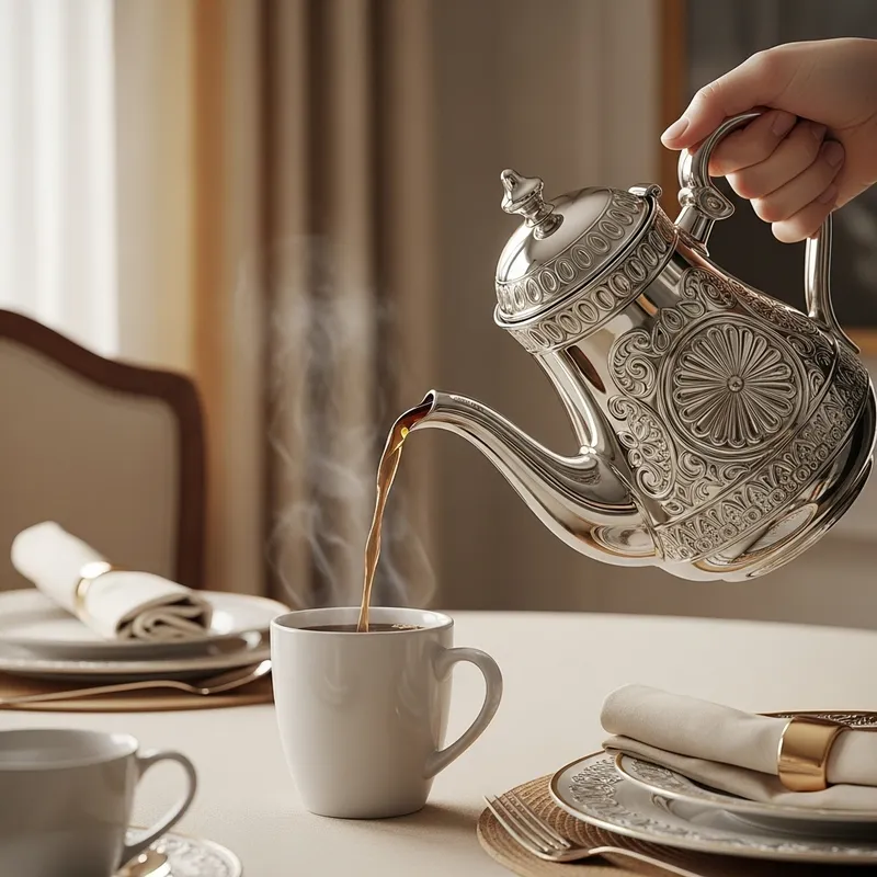 Aristocratic Coffee Pot Pouring Hot Brew into Mug