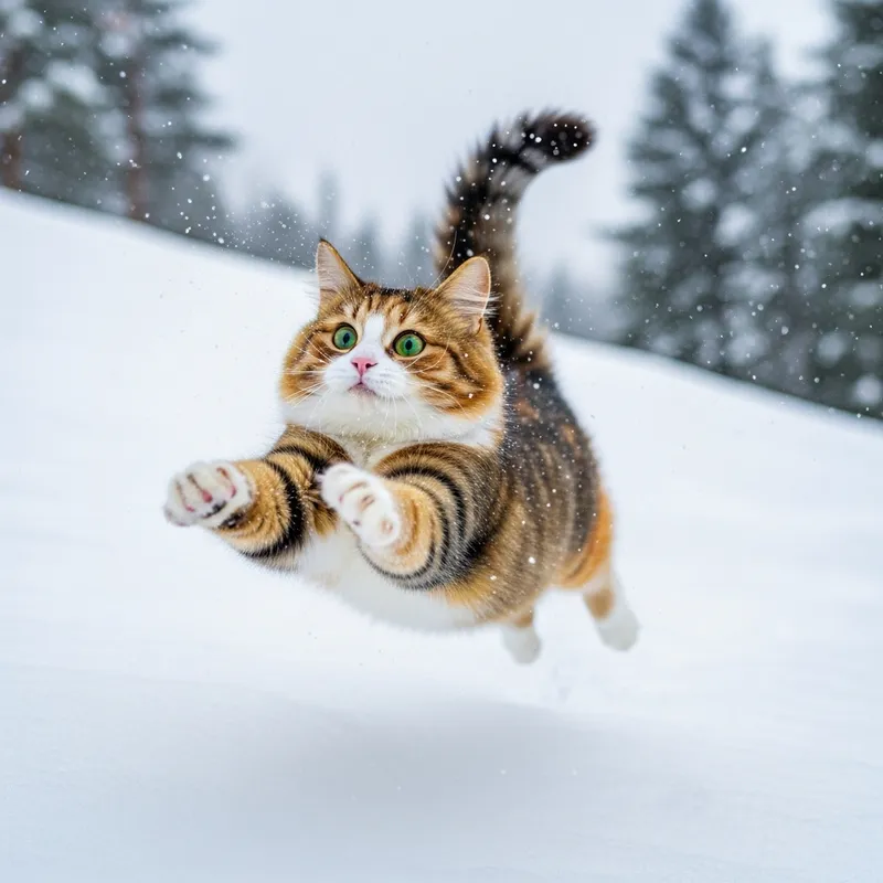 Adorable Cat Jumping in Snow