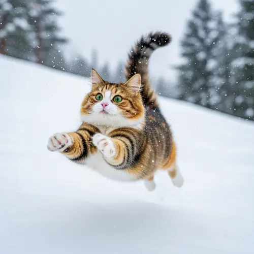 Adorable Cat Leaping in Snowy Landscape