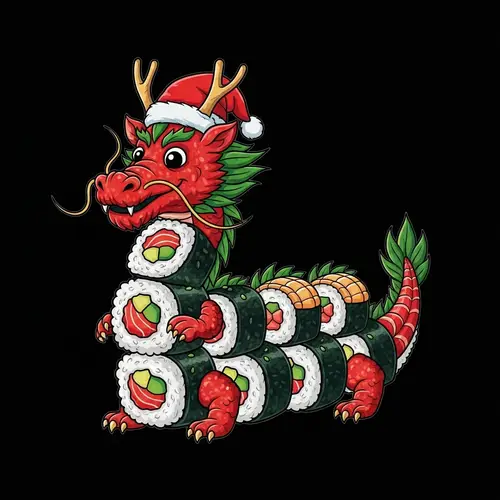 Charming Sushi Dragon Illustration with Santa Hat for Holidays