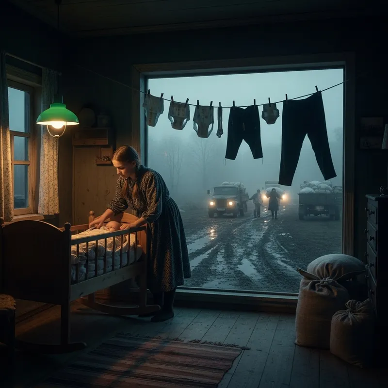 Russian Rustic Room at Night | Girl Rocking Cradle by Green Lamp Russian Rustic Room at Night | Girl Rocking Cradle by Green Lamp