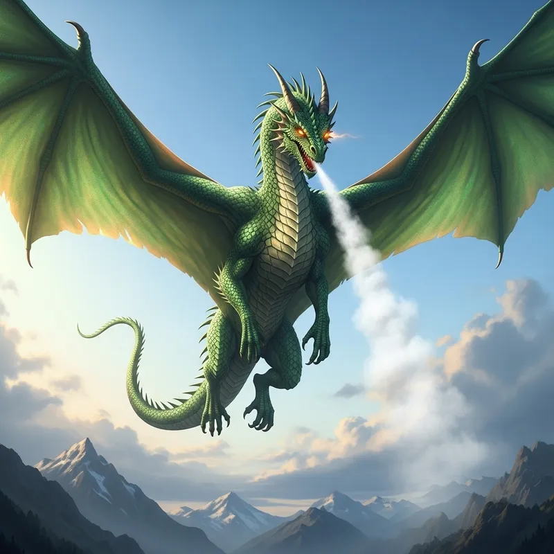 Majestic Dragon Soaring Over Emerald Mountains