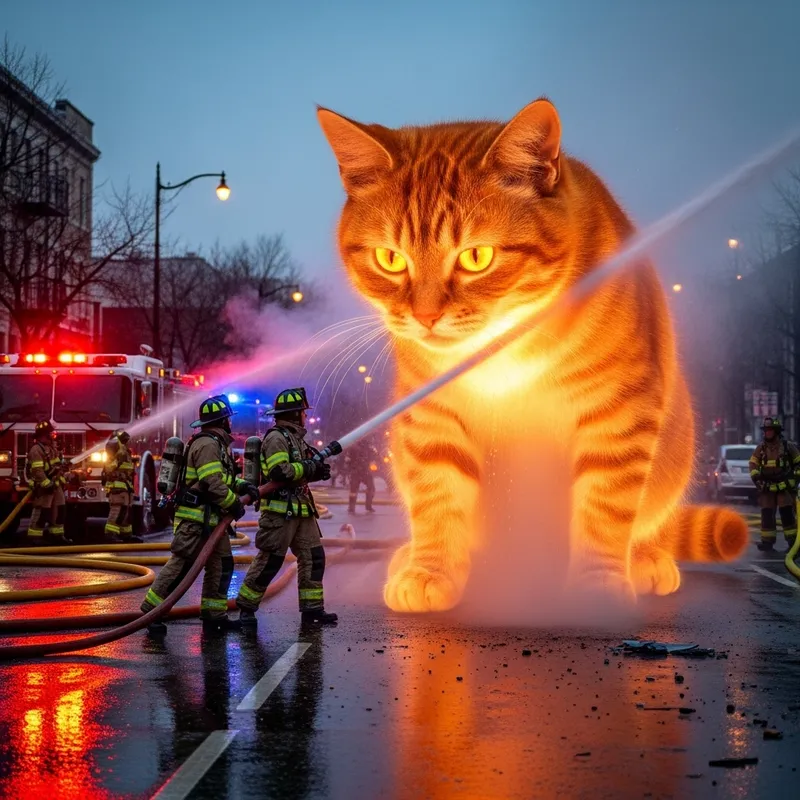 Firefighters Rescuing Glowing Ginger Cat on Street