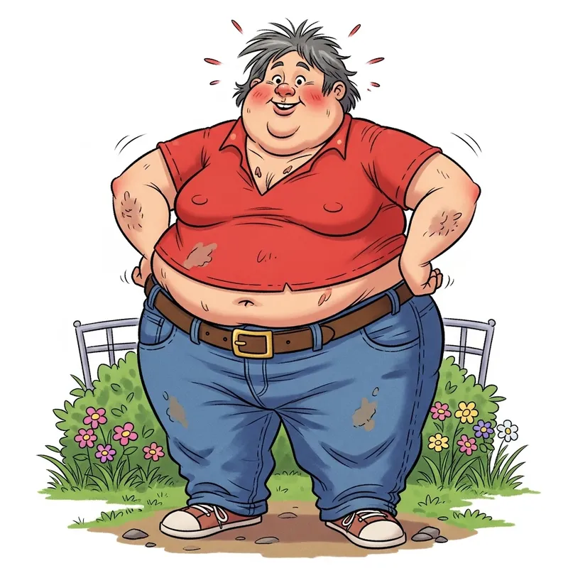 Portly Person in Red Shirt and Blue Jeans | Garden Backdrop