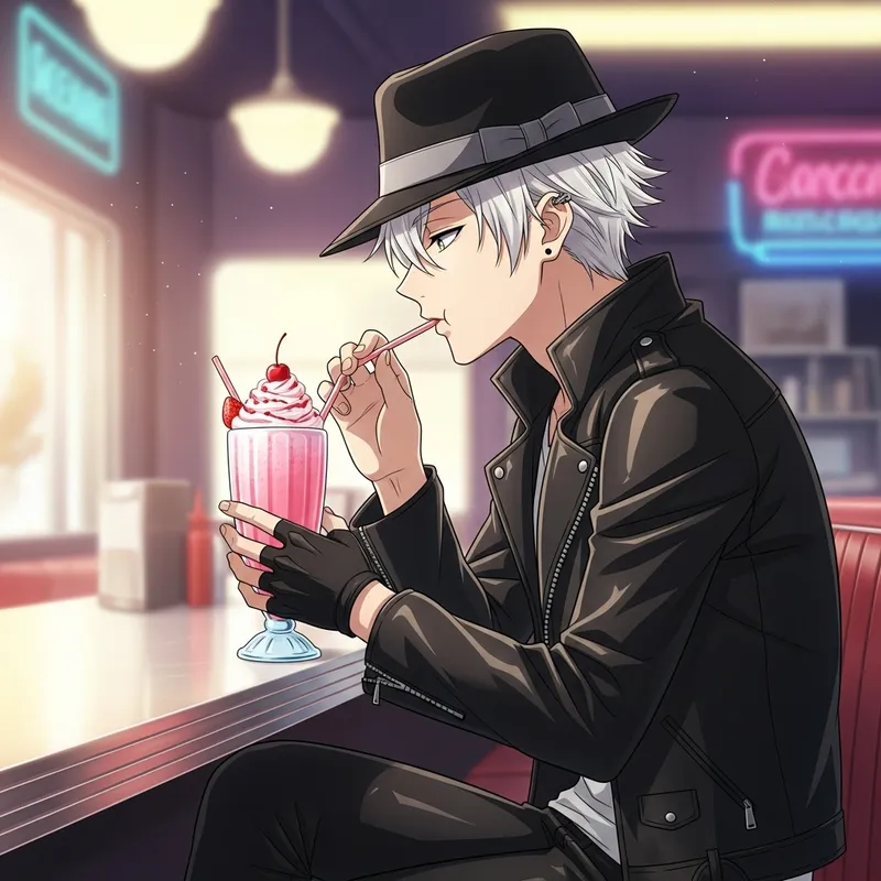 Anime Character with White Hair in Stylish Black Outfit Enjoying Milkshake