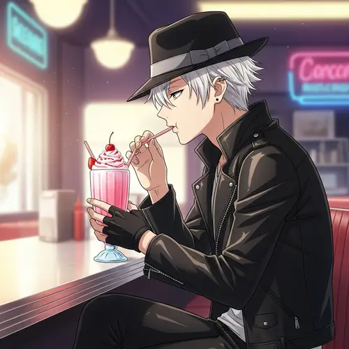 Anime Persona with White Hair Black Outfit Enjoying Milkshake