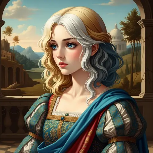 Renaissance Style Blonde and White Hair Anime Character Illustration