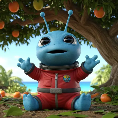 Blue Alien Under Fruit Tree on Tropical Island