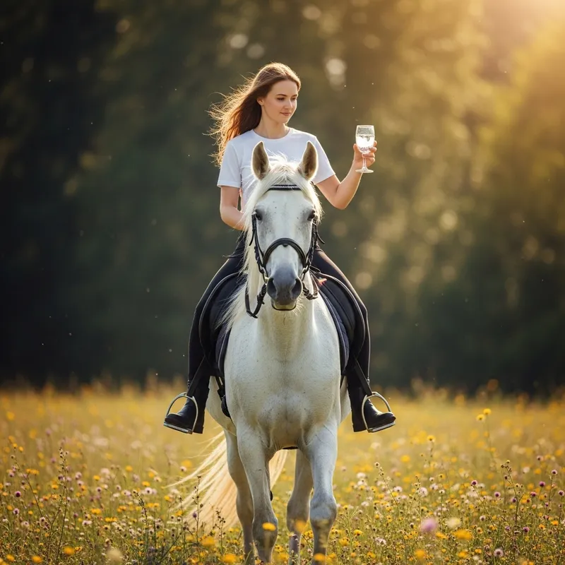 Girl Riding White Horse in Flowery Meadow | Natural Beauty Scene