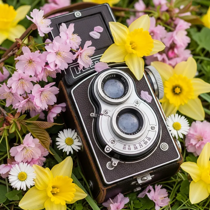 Vintage Camera with Spring Flowers