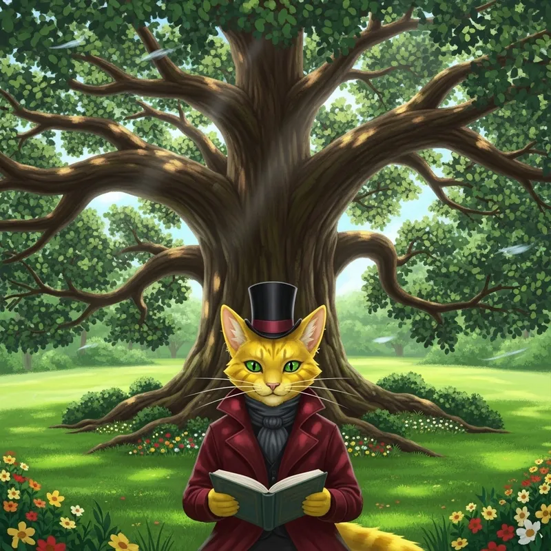 Cat-Like Husk in Peaceful Park Reading Book Under Oak Tree