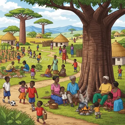 Vibrant African Rural Scene: Families Engaged in Everyday Life