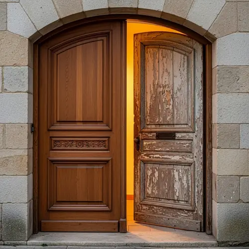 Eloquent Closed Wooden Door & Faded Open Door Scene