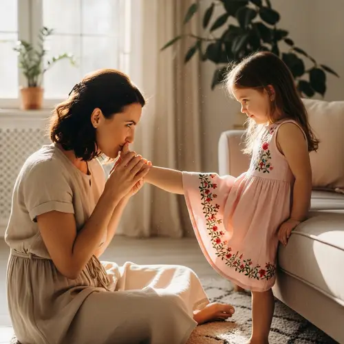 Brunette Woman Kissing Girl's Foot | Heartwarming Moment