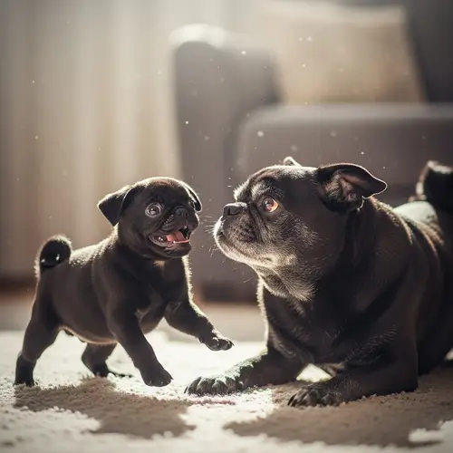 Black Pug Puppy Playing with Adult Pug - Dreamy Scene