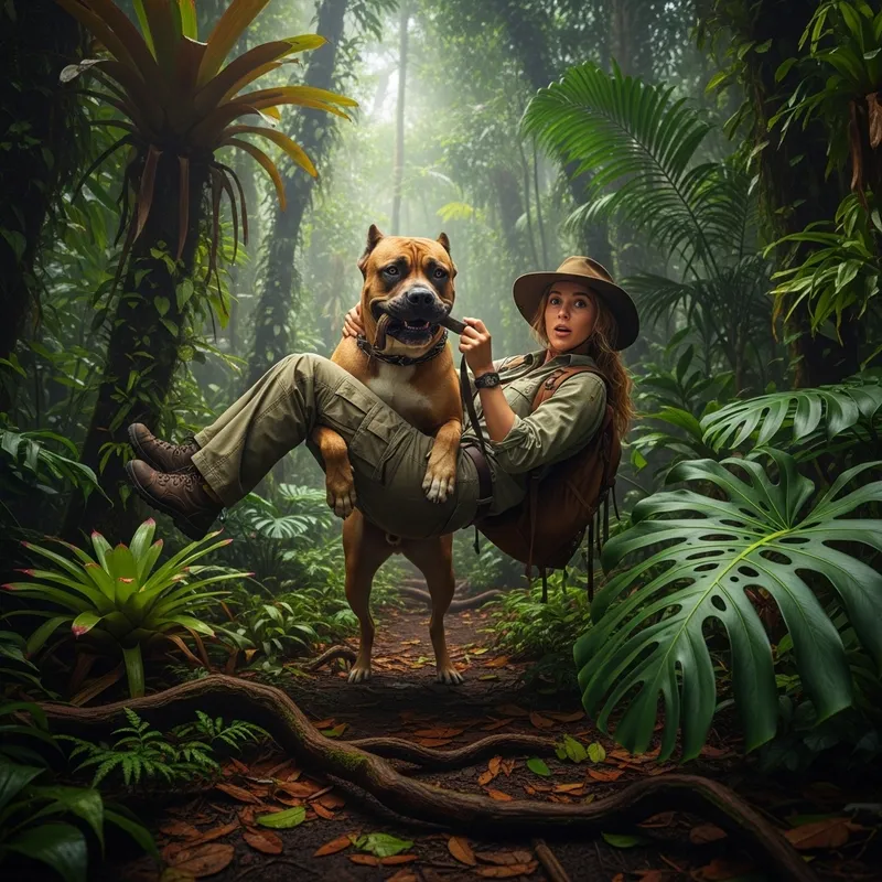 Dog Carrying Woman in Tropical Forest Dog Carrying Woman in Tropical Forest