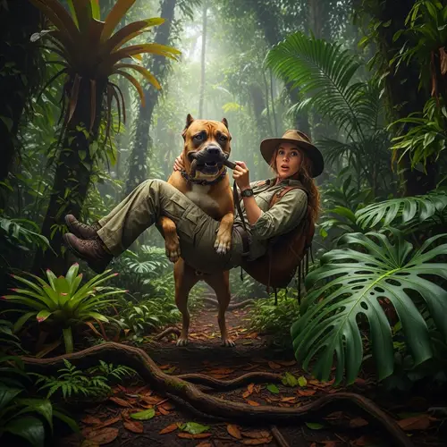Muscular Dog Carrying Explorer Woman through Vibrant Tropical Forest