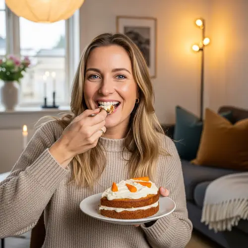 Joyful Danish Woman Enjoying Delicious Carrot Cake at Home
