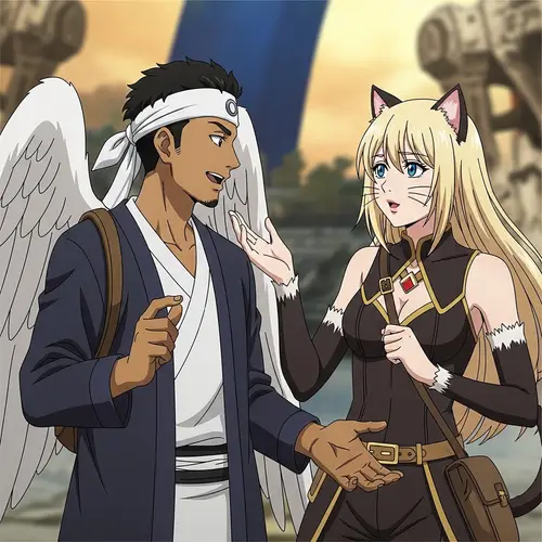 Fantasy Anime Art: South Asian Man with Wings and Blonde Woman in Cat-themed Attire