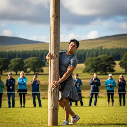 Asian Man Caber Tossing in Scottish Athletic Event