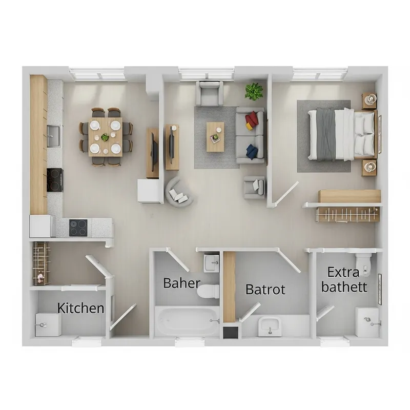 Efficient 3D Apartment Groundplan with Kitchen, Living Room, Bedroom, Bathroom & Extra Toilet Efficient 3D Apartment Groundplan with Kitchen, Living Room, Bedroom, Bathroom & Extra Toilet