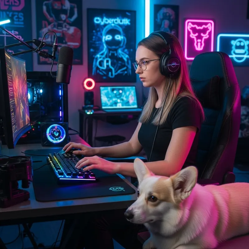 Caucasian Female Streamer in Cyberpunk Style with White Corgi