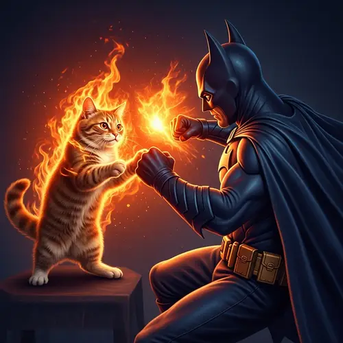 Cat with Fiery Aura Battles Superhero in Bat-Themed Costume
