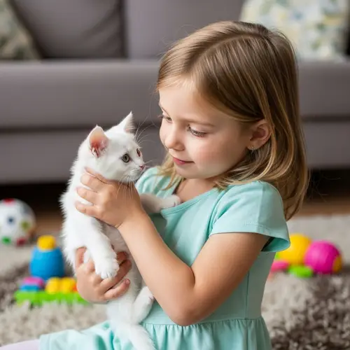 Adorable 4-Year-Old Girl Holding White Kitten