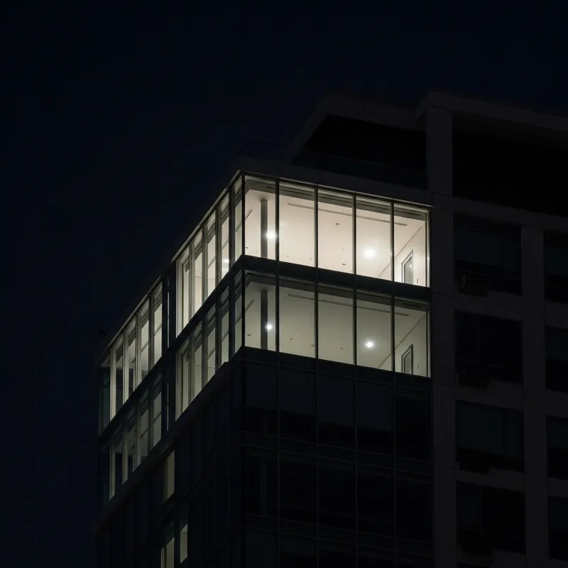 Mysterious Glass Apartment in High-Rise at Night