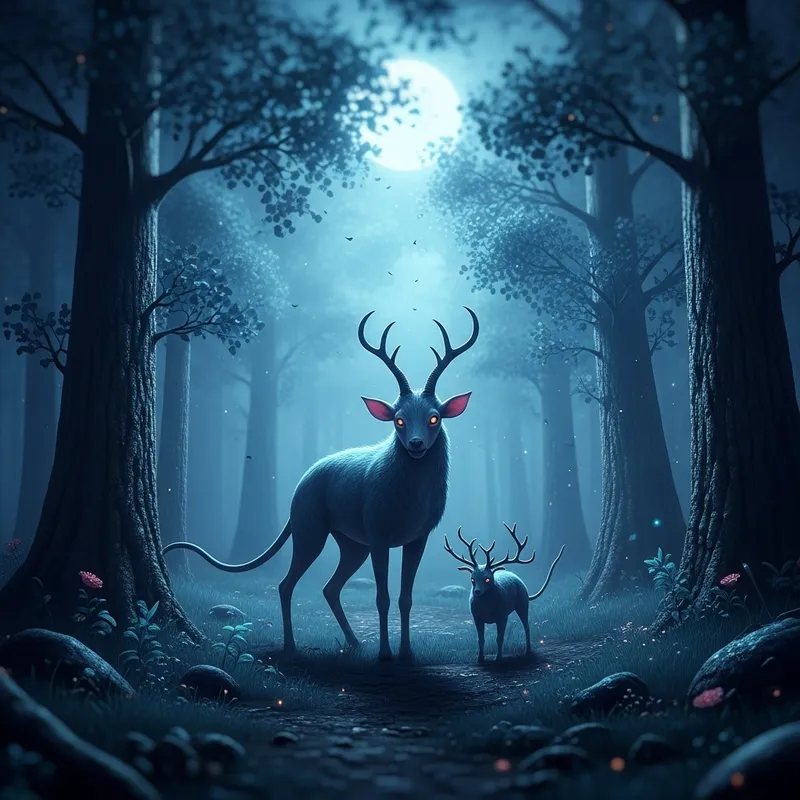 Mystical Creature in Moonlit Forest: Ethereal Fantasy
