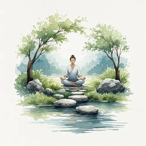 Serene Watercolor Painting of Meditating Individual in Tranquil Garden