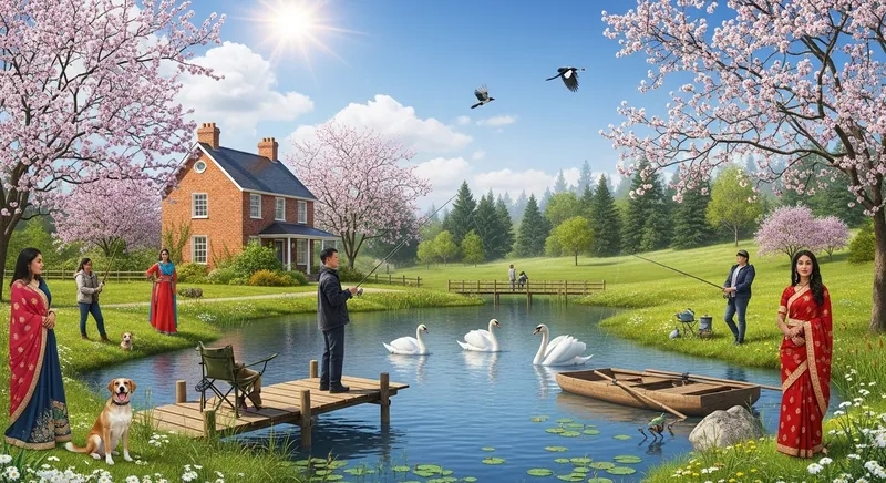 Radiant Spring Landscape with Charming Brick House, Swans, and Fishers