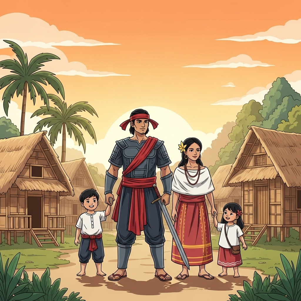 Filipino Warrior and Family in Serene Village Setting | AI Art Generator |  Easy-Peasy.AI, image size:1024x1024