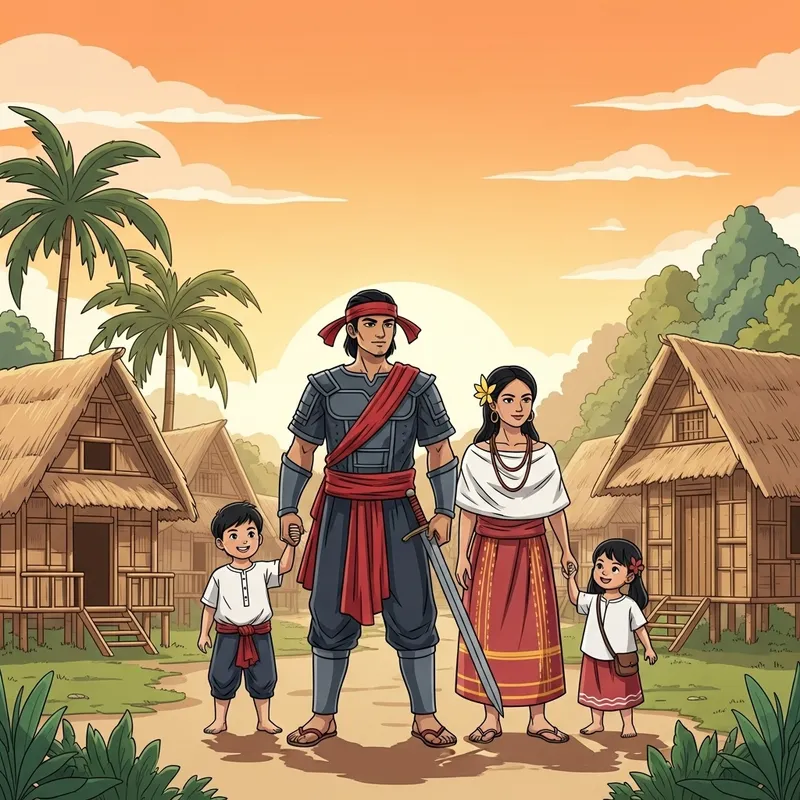 Filipino Warrior and Family in Serene Village Setting
