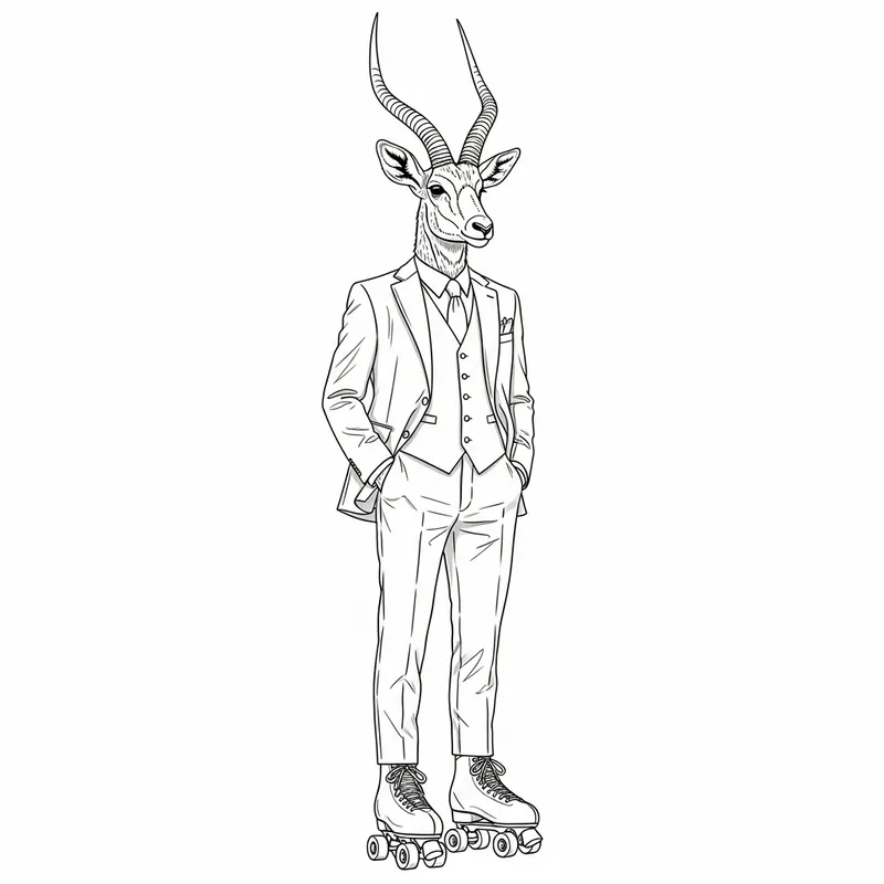 Furry Antelope in Tailored Suit & Roller Skates Line Art